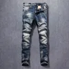 Włoski Styl Moda Mężczyźni Jeans Retro Niebieski Elastyczne Slim Fit Ripped Denim Spodnie Streetwear Vintage Designer Hip Hop Długie Spodnie