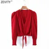 Zevity Women Vintage Vネックシングルブレストヘムナンキングショートシャツ女性パフスリーブブラウスRoupasシックな化学TOPS LS9092 210603