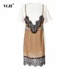 Casual Patchwork Lace Dress For Women O Neck Short Sleeve High Waist Hit Color Midi Dresses Female Summer Fashion Style 210531