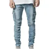 Мужчины твердые тощие карманы джинсовые грузовые боевые брюки джинсы тонкий подходит для брюк мода мода мужская повседневная вовная одежда 220308