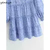 Светло-синий сладостный цветочный принт женщины платье фонарь рукав круглые шеи a-line mini весна прерии шикарный vestido 210514