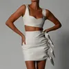 ISAROSE Fashion PU Leather Dress Due pezzi Set Sexy Crop Top senza maniche aderente Slim Side Nappa Summer Mini Abiti 210422