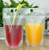 500 stks Clear Drink Zakjes Zakken frosted Rits Stand-up Plastic Drinkzak met rietje met houder Hersluitbare Hittebestendig