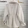 Lautaro Winter Soft Warm Thick Faux Fur Coat Women Drop Shoulder Long Sleeve Zipper Drawstring Fluffy Jacket Korean Fashion 210925