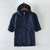 Short Sleeve Hooded T-Shirt for Men Pure Linen Casual Solid Tops Spring and Summer Male Tees Arrival Thin Clothes 210601