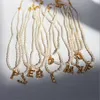 Charming Fashion Yellow Gold Plated A-Z Letter Pendant Pearl Chain Necklace for Girls Women Nice Gift