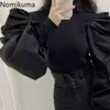 Nomikuma Koreański Styl Style Puff Sleeve Kobiety BluSas Solid Color Patchwork O Neck Elegant Bluzka Lady Vintage Moda Topy 3C817 210514