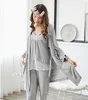 Pigiama da donna Set Felpa in 3 pezzi + Pantaloni + Vestaglie Set da pigiama Sexy in pizzo con scollo a V Homewear Set da notte Pigiama da donna Sleepwear Q0706