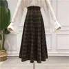 Werueruyu mode vintage casual retro hög midja mörkbrun pläd ull damer kjol kvinnor 210608