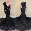 2023 Sexig långa eleganta aftonklänningar sjöjungfrustil singel långärmad svart paljett Applique African Gala Gala Prom Party Gown