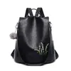 Outdoor Bags Luxury Black Leather Backpack Women Travel Embroidery Feather Flower Pattern Fur Ball School Bag For Girls 2021 Quality