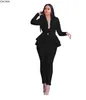 Mulheres Inverno Conjunto das Mulheres Tracksuit Manga Completa Ruffles Blazers Calças Terno Dois Pedaço Set Office Senhora Wear Uniform Gl610 211105