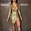 Glamaker Gold snake print sexy v neck short dress Bodycon elegant buttons mini blazer dress Female night party club dress 210319