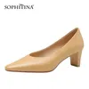 Sophitina vårkvinnor pumpar enkel kvadrat tå tjock häl solid färg kontor dam skor äkta läder kvinnliga arbetsskor ao324 210513