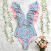 Swimsuit Sexy Ombro Ruffle Swimwear Mulheres Folha Pôsteres Banhando Ternos Beach Wear Chegada Monokini Nadar 210712