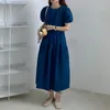 Fransk enkel puffhylsa Platycodon High-Waist Mid-Length Dress Fyra färger Klänningar för kvinnor 210429