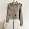 AelegantMis Vintage Cropped Trench Coat Kobiety Koreański Dorywczo Office Lady Odzież Odzież Moda Podwójna Pierśniana Wiatrówka Streetwear 210607