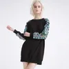 [EAM] Women Black Three-dimensional Patch Split Dress Round Neck Long Sleeve Loose Fit Fashion Spring Autumn JH332 210512