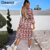 Deenor Verão Vintage Floral Impressão Maxi Vestidos Para Mulheres Manga Longa V-Neck Ruffles Senhoras Primavera Casual Praia Vestidos X0521