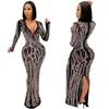 Fashion sexy V-neck women Sequins dress 2023 summer Women's rhinestone design Dresses beautiful Nightclub Party tight Net Transparent woman clothes 5002