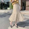 ハイウエストスカートレースホワイトビンテージファッションエレガントなライニングマーメイドスカートレディースブラックセクシーミディ韓国Faldas Mujer 210506
