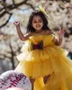 2021 Yellow Hi-Lo Kwiat Girl Dresses Ball Suknia Tulle Tiers Liltle Kids Birthday Pageant Weddding Suknie ZJ001