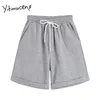 Yitimuceng Womens Shorts Pockets Elastic Waist Casual Sports Clothes Straight Summer Unicolor White Gray Black Fashion 210601