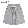 Yitimuceng Womens Shorts Zakken Elastische Taille Casual Sport Kleding Rechte Zomer Unicolor Wit Grijs Zwart Mode 210601