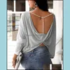 Womens T-Shirt Tops & Tees Clothing Apparel 2021 Autumn Spring Women Fashion Elegant Sexy Long Sleeve Ladies Open Back Top Solid Beaded Stra