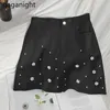 Юбки Gaganight Женщины с высокой талией мини-пленка юбка летняя бисера сплошные карманы карандаш самка