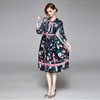 Lente Runway Hoge Kwaliteit Bow Hals Vintage Flora Print Party Jurk Vestidos Robe Femme Elegante Dot Print Midi Jurk 210529