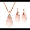 Orecchini Drop Delivery 2021 Set di gioielli Collana Wate-Drop Rotondo Ciondolo in pietra rosa Orecchini con nodo incollato Catena in metallo placcato color oro Nbeu
