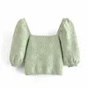 Grön geometriska mönster stickade kvinnor Casual blouses sommar mode puff ärm kvadratisk krage smal kvinnlig gröda toppar 210604