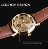 Przezroczysty Złoty przypadek Luksusowy Dorywczo Projekt Brown Skórzany Pasek Męskie Zegarki Mechaniczny Szkielet