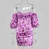 Colysmo Floral Dress Summer Women Print Short Sleeve Slim Fit Bodycon Party Purple Push Up Off Shoulder Sexy 210527