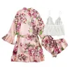 Sexy Sleepwear Lingerie Mulheres Pijamas Dormir Tops Silk Robe Lace Underwear Sleepwear Calças 3 Piece Set Q0706