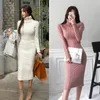 Autumn Winter High quality Twisted Warm Sweater Dress Women Turtleneck Long Sleeve Bodycon Dress Elegant Knitted vestidos 210319