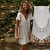 Frühling Sommer Neue Rüschen Mini Kleid Frauen Einfarbig V-ausschnitt Elegante Volle Hülse Taste X0521