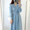 Elegante magro cintura mulher vestido coreano dobra v-pescoço manga comprida vestidos 2021 outono nova moda vestido feminimos y1204