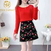 Women Autumn Winter Slim Woolen Skirt Sets Lady Bow Knitted Sweater+ Printing Mini Skirt Suit Female Casual 2 Piece Set 211119