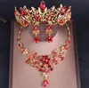 Barokowy Vintage Gold Red Crystal Zestawy Biżuterii Bridal Rhinestone Tiaras Crown Choker Naszyjnik Kolczyki Zestaw Akcesoria Ślubne