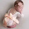 Baby Lace Romper Beber Bow Colete Jumpsuits Headband 2pcs Sets Photo Shoot Princesa Roupas Bebê Fotografia Pôsteres 3 Cores DW5494