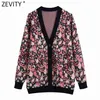 Zevity Kobiety Vintage V Neck Floral Print Jacquard Knitting Cardigans Sweter Kobiet Chic Single Breasted Casual Coat Tops SW899 210914