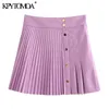 KPYTOMOA Women Chic Fashion Pleated Faux Leather Mini Skirt Vintage With Metal Snap Buttons Female Skirts Mujer 210621