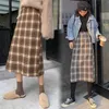 WERUERUYU Wool Plaid Skirt Button Design Bodycon High Waist Autumn Winter Long Elegant Woolen Girl 211119