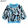 Zevity Kobiety Moda Kolor Mecz Zwierząt Wzór Krótki Jacquard Knitting Sweter Kobiet Chic Latarnia Rękaw Swetry Topy SW891 211215