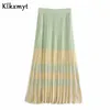 Klkxmyt two pieces set women vintage square collar pleated striped splicing sexy knitted sweater short tops long midi skirts 2ps 210527