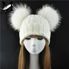 Vinter Real Fur Ball Beanie Hat för Kvinnor Ladies Fluffy Double Natural Raccoon Pom Skullies med 2 Pompom 211229