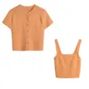 Kvinnor Knit Cardigan Casual Två Pieces Set Fashion Casual Chic Lady Summer Woman Stickade Crop Tops Outfits 210709