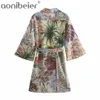 カジュアルな休暇BOHOビーチ着物のシャツ夏のファッション3四半期の袖の女性ルーズブラウス女性ロングトップ210604